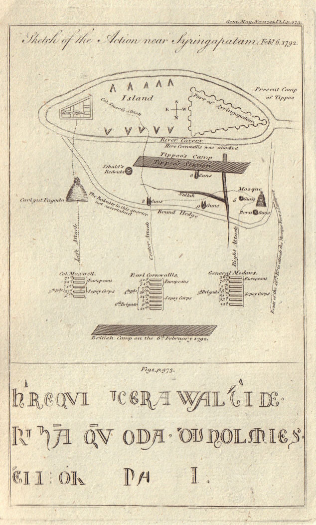 1792 Siege of Seringapatam plan, Mysore India. Howden Minster engraving 1792 map